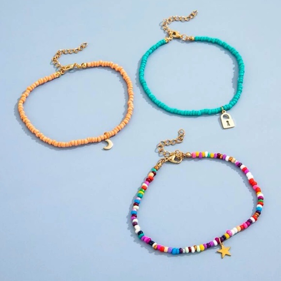3 pcs Moon Star Lock Beaded Anklet Set Golden Charms Multicolor - Picture 4 of 6